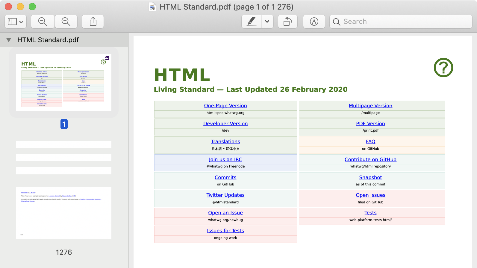 PDF спецификации HTML Living Standard на 1276 страниц.