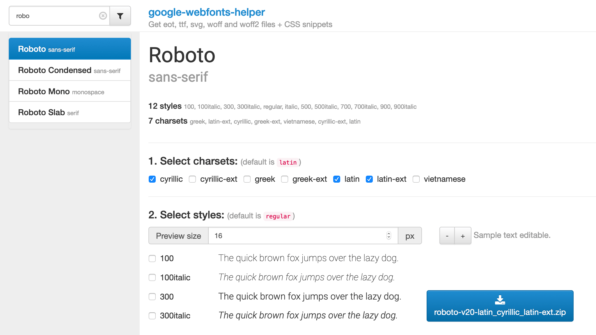Настройка шрифта Roboto в Google Webfonts Helper